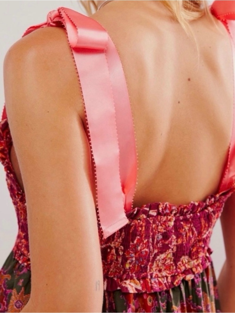 Free People Coral and Pink Floral Tiered Maxi Dress with Tie Straps - Picture 2 of 5